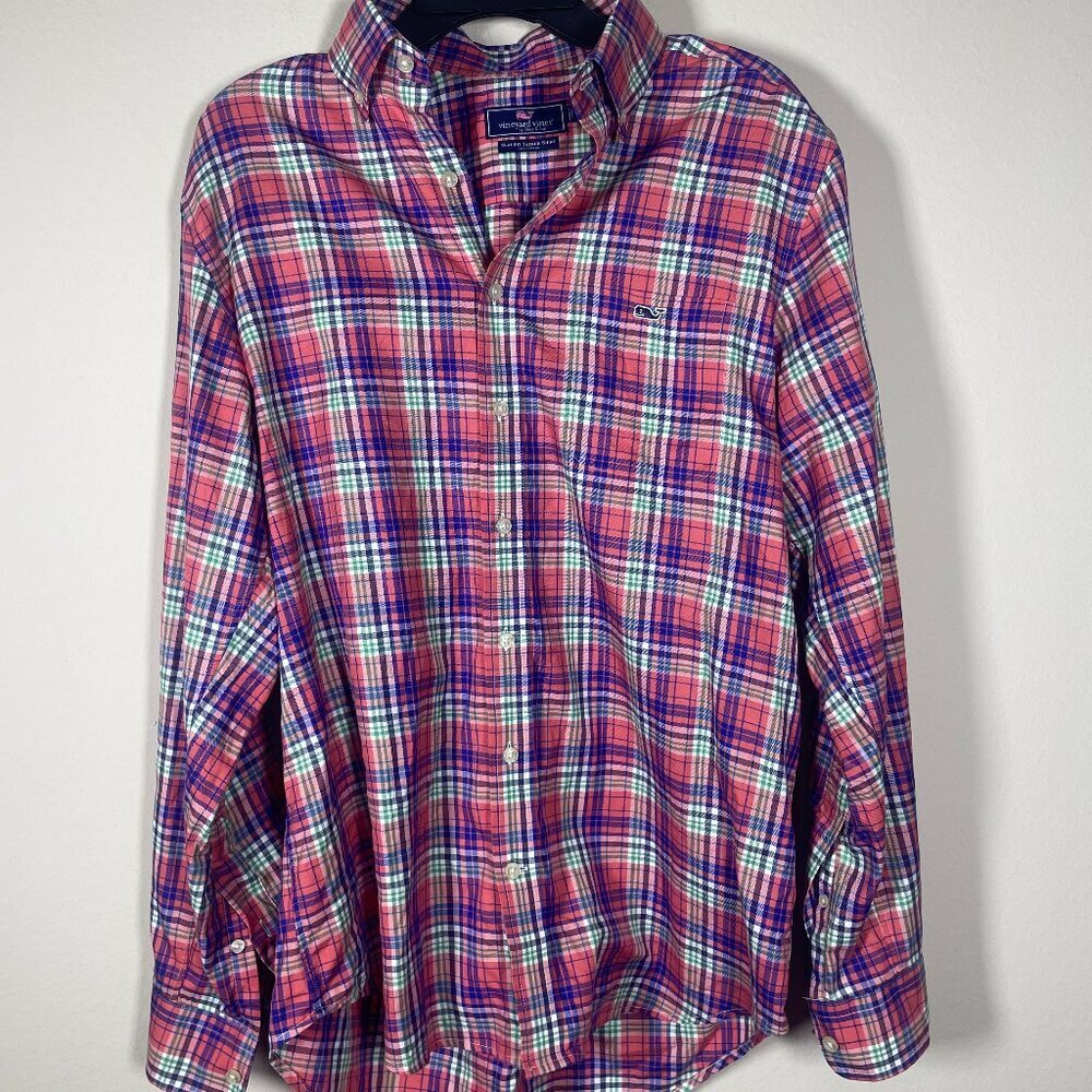 Vineyard Vines Salmon Green Plaid Button-Up Slim Fit Shirt Medium!